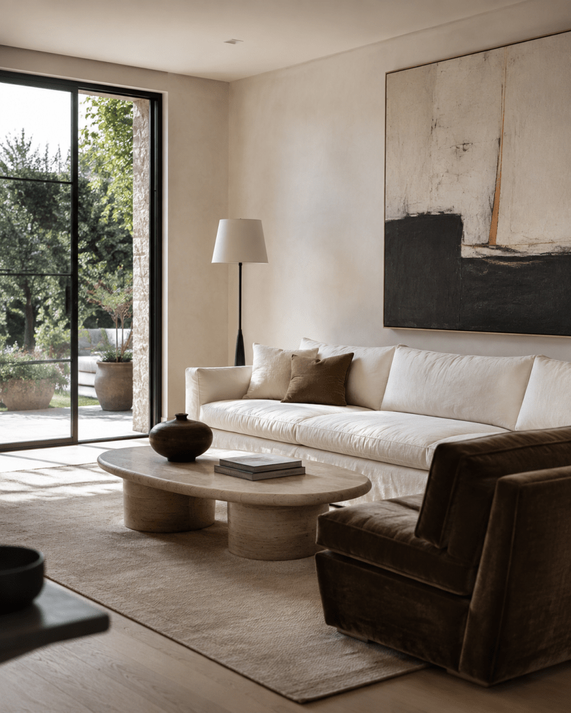Bright organic modern living room with an ivory linen sofa, mushroom brown lounge chair, oval travertine coffee table, and oversized neutral abstract artwork.
