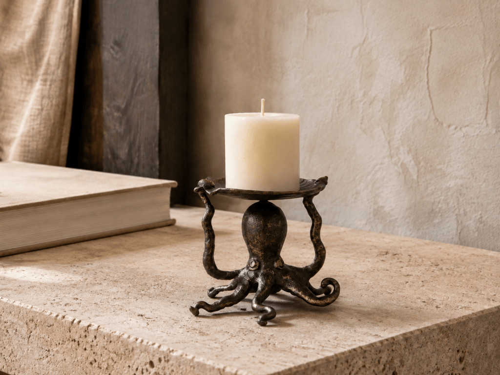 Antique bronze octopus pillar candleholder holding an ivory candle on a light travertine console against a textured neutral wall.