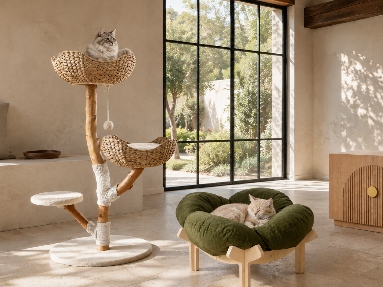 Stylish cat furniture in a modern neutral home, featuring a woven cat tree, olive green cat bed and fluted wood litter box cabinet.